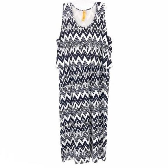 Magic Women's Maxi Dress 3X Chevron Stripe Navy Blue & White Sleeveless Blouson - Picture 1 of 8